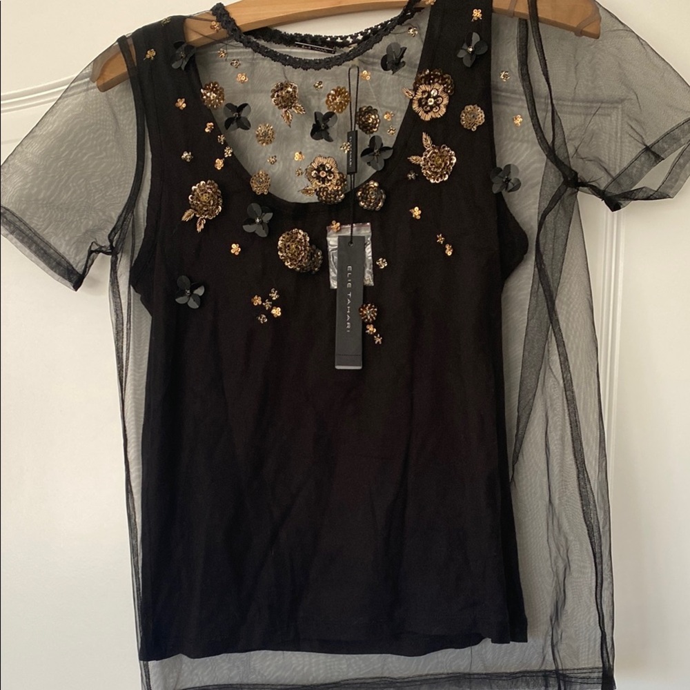 Elie Tahari black top mesh overlay with intricate beadwork